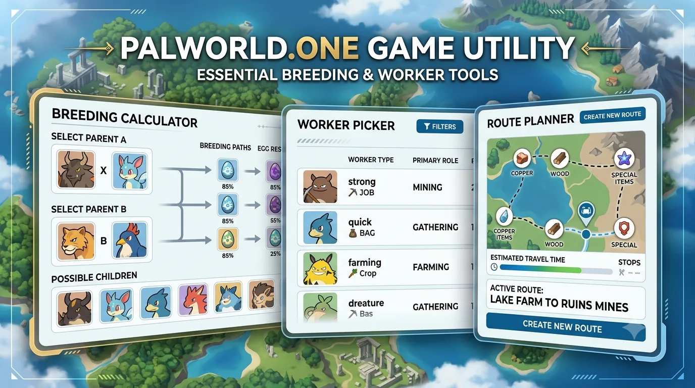 Palworld breeding calculator interface with route cards and egg icons
