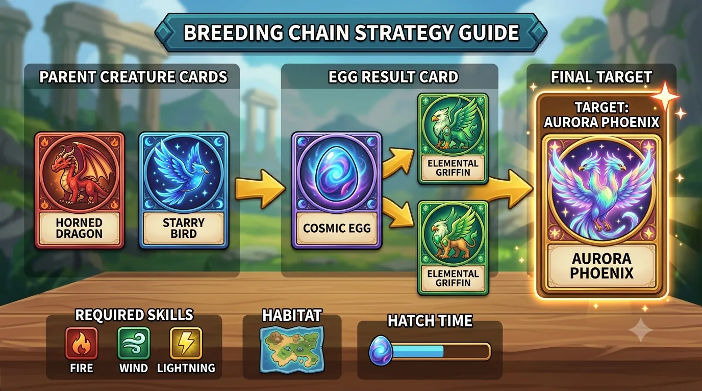 Breeding chain strategy board with parent cards connected to egg results