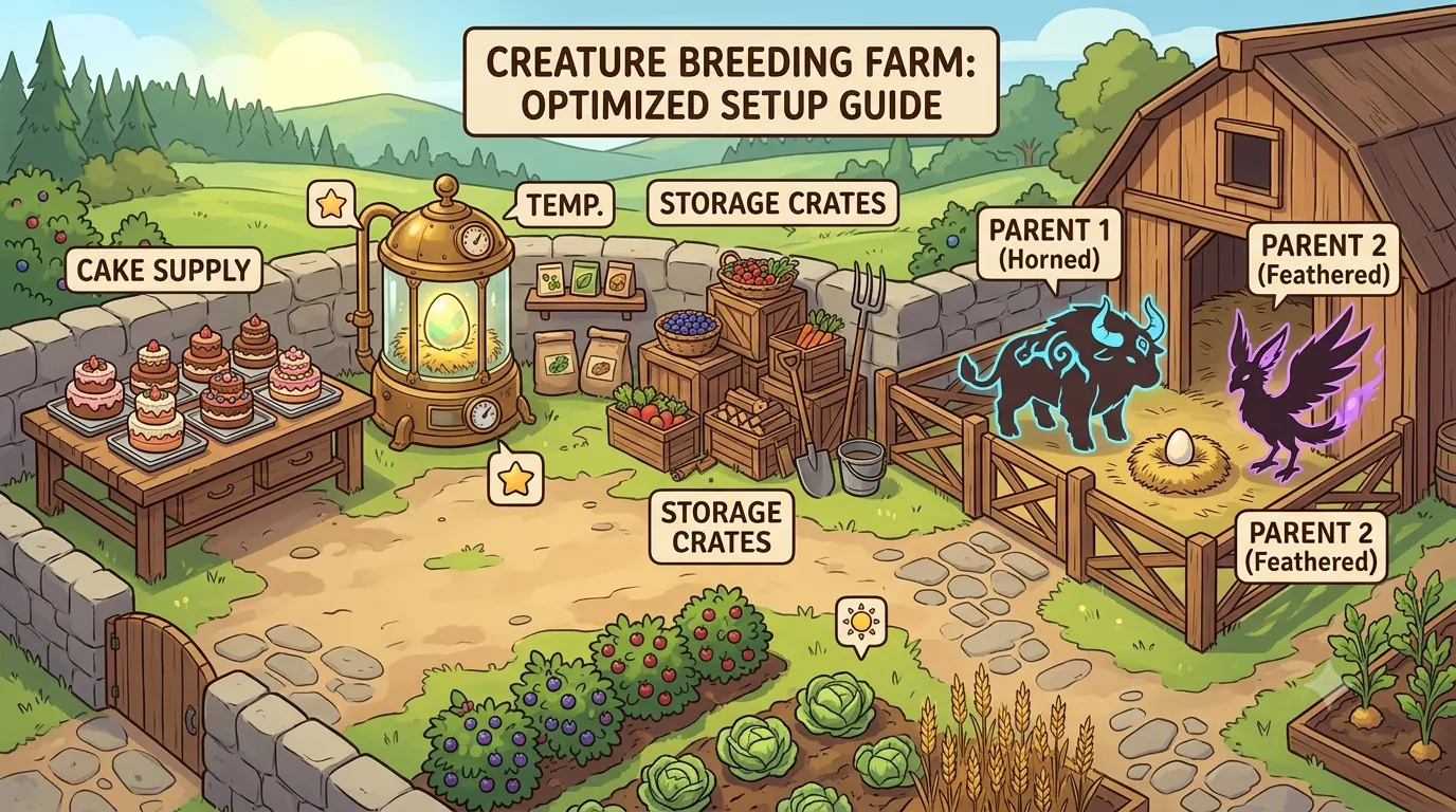 Cake supply table beside a fantasy breeding farm and egg incubator