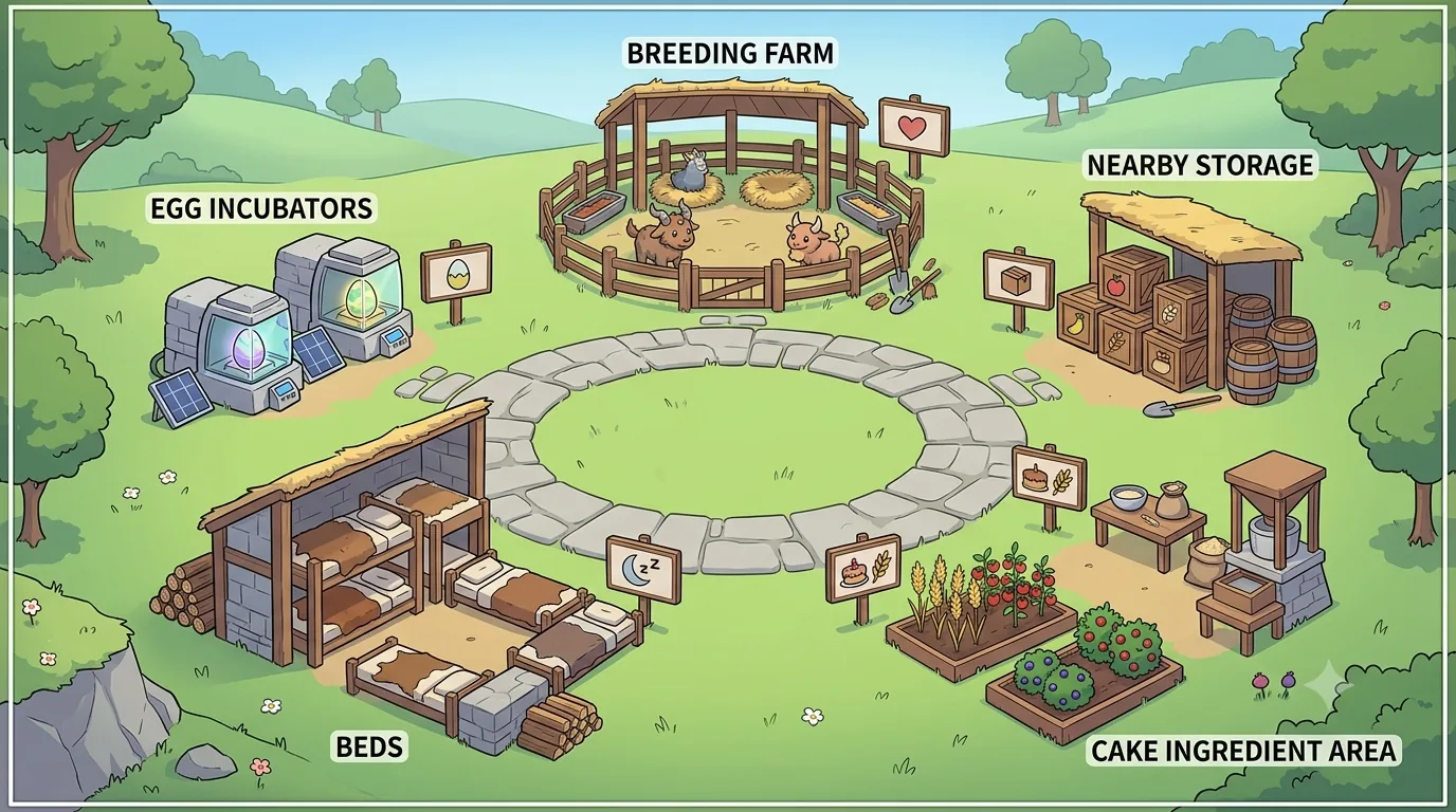 Compact early breeding base with farm, storage, beds, and incubators