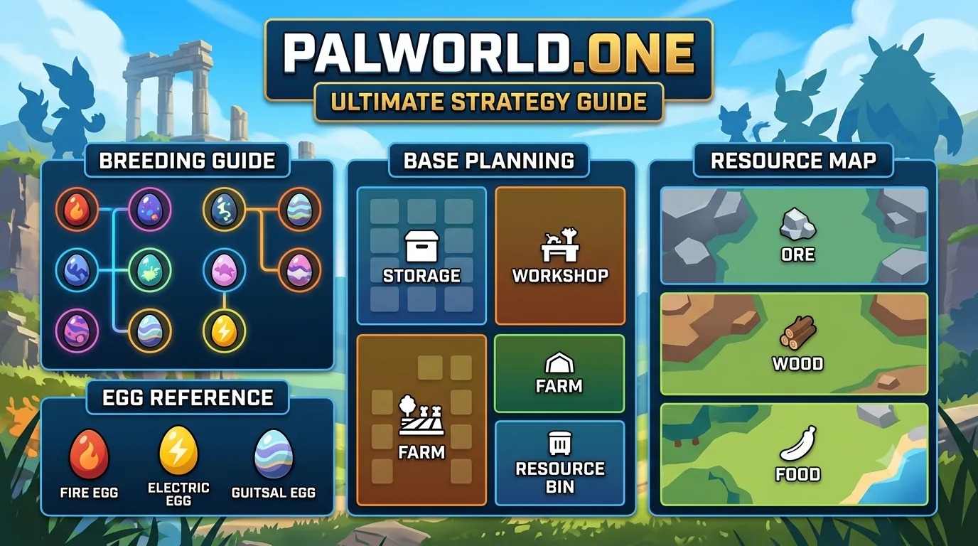 Palworld.one strategy dashboard with breeding routes, resources, and base planning